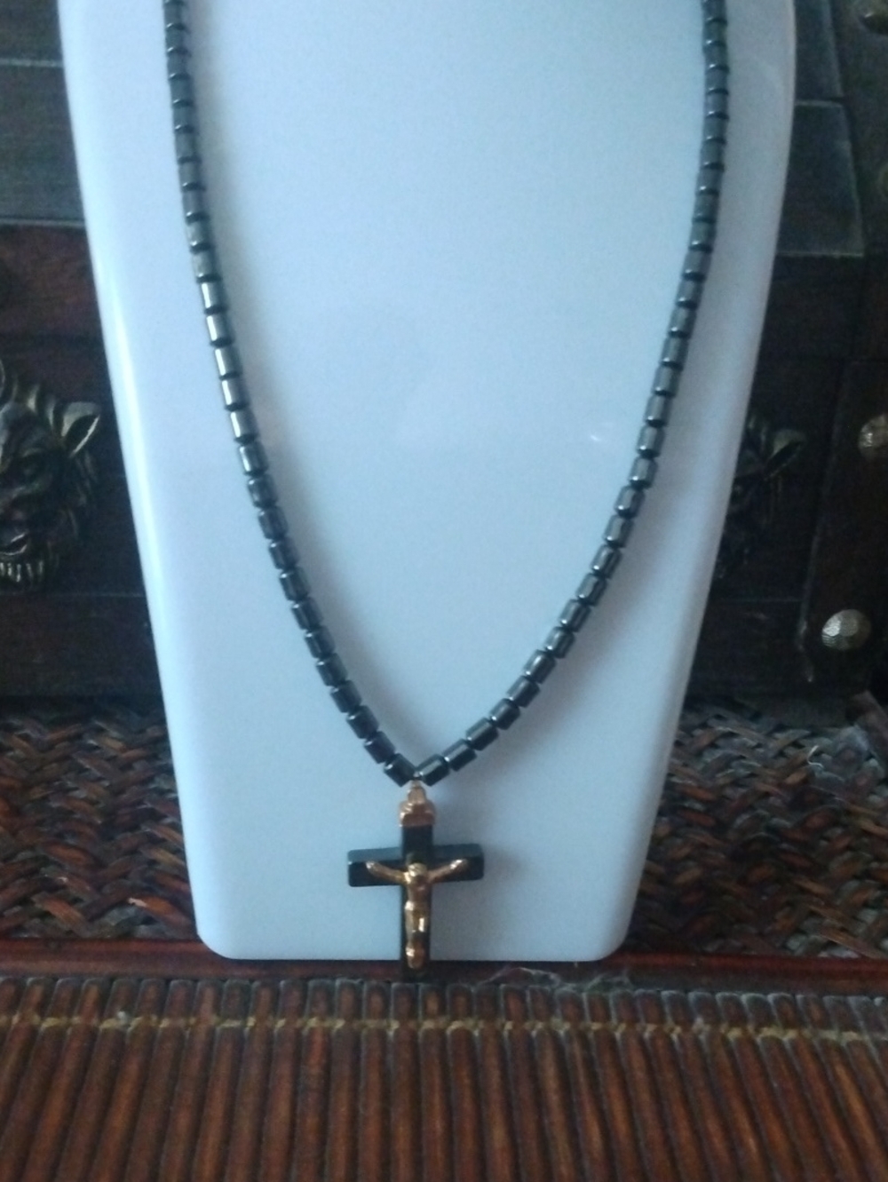 Men's Black Hematite Bead Necklace with Gold Crucifix Pendant